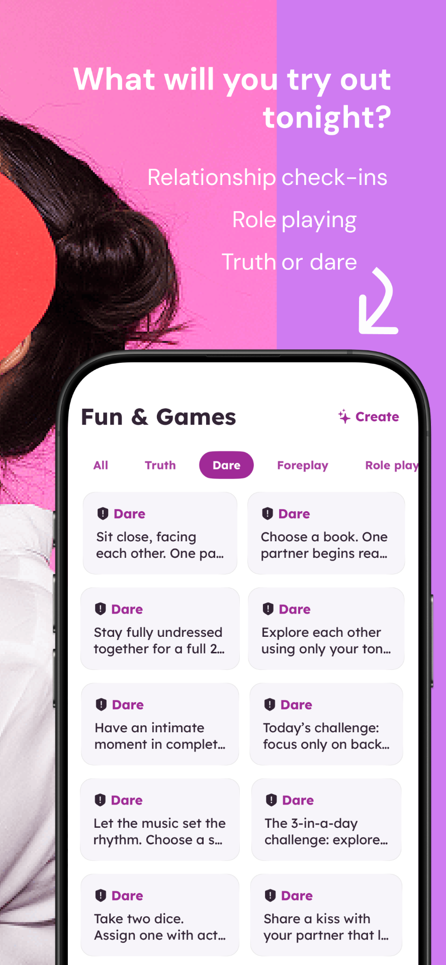 Fun & Games — category-based discovery across truth, dare, foreplay and roleplay.