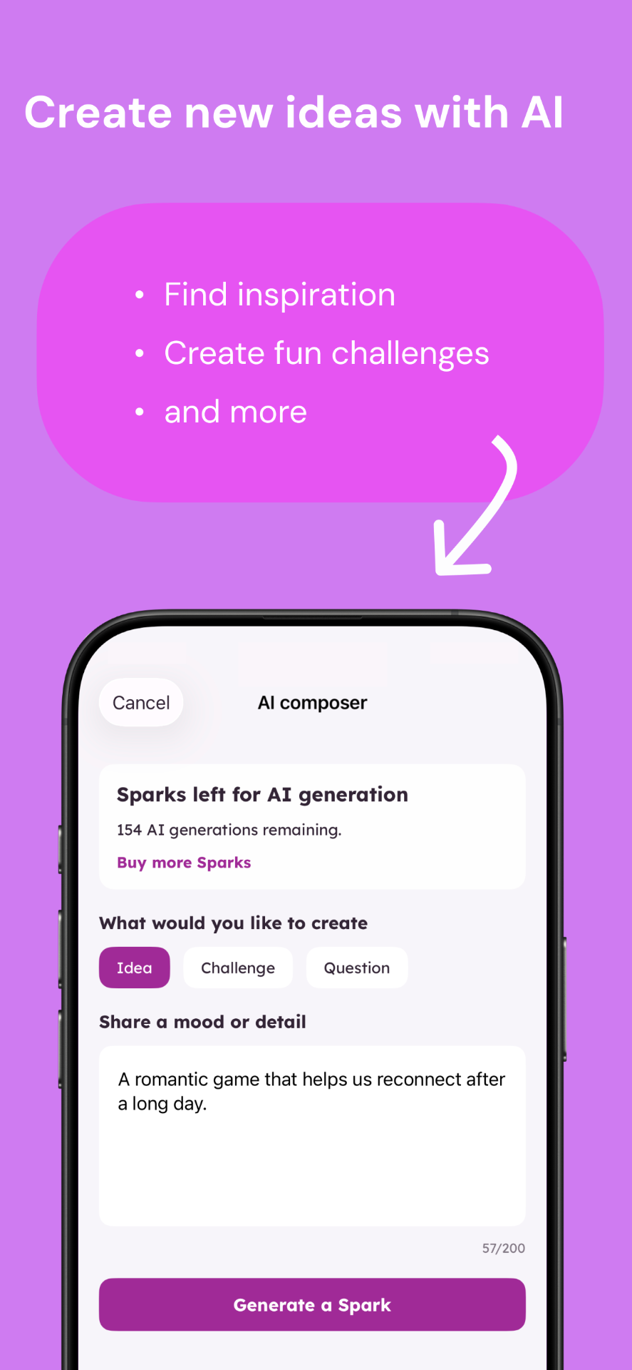 AI composer — generate new ideas, challenges or questions with a Sparks-based credit system.