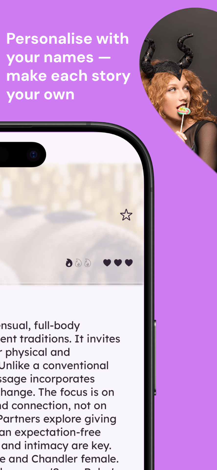 Personalised playback — intensity, hearts and name-injected narration.