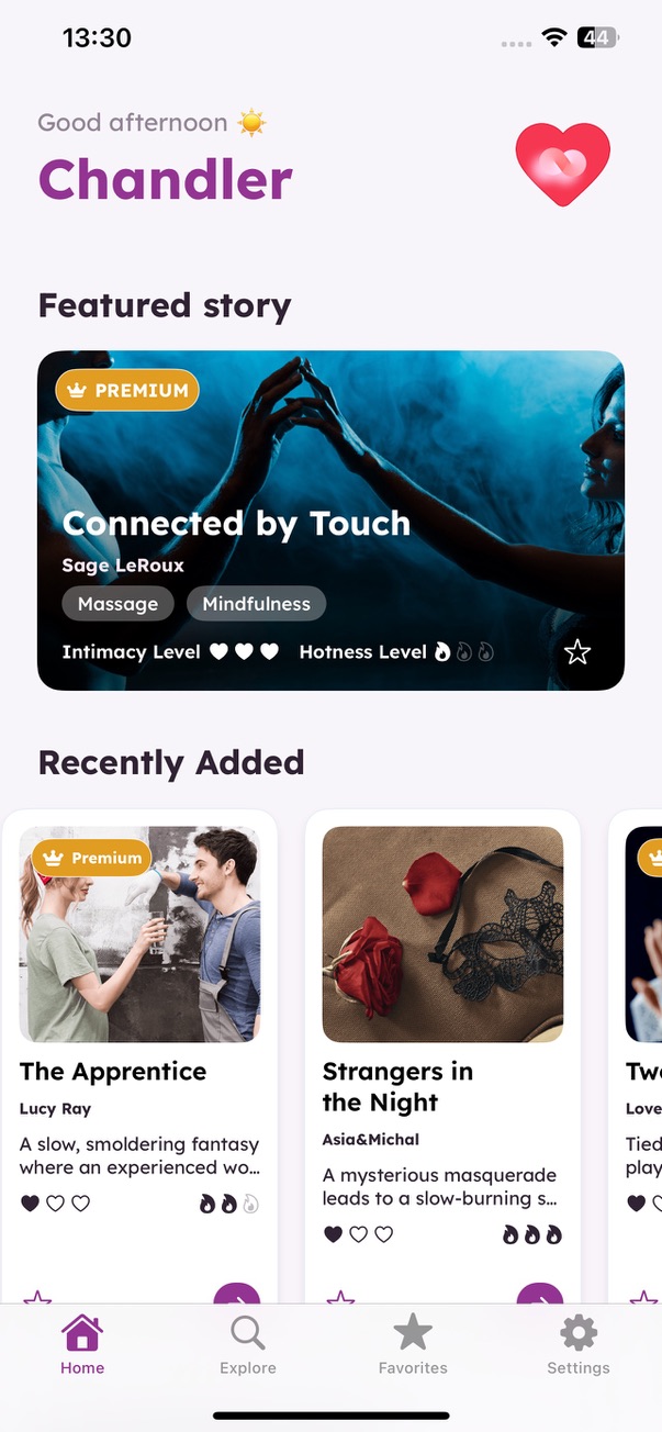 Published app — personalized greeting, premium story surface and scalable content rails.