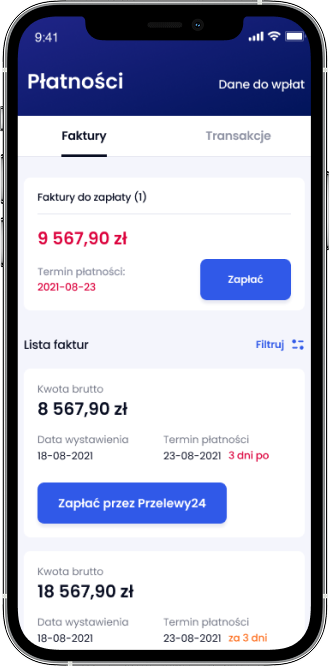 Invoices view with payment status and Przelewy24 hand-off.