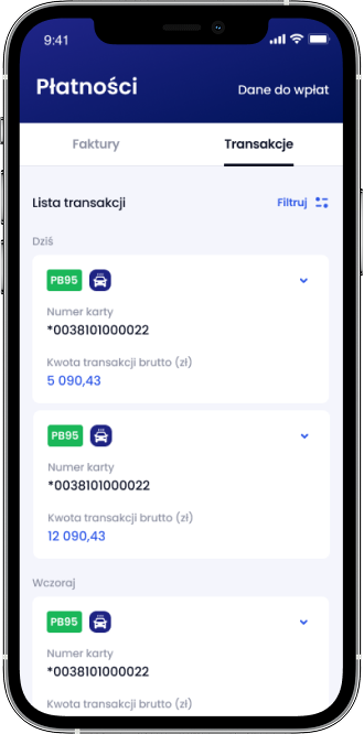 Transaction history filtered by card and station.