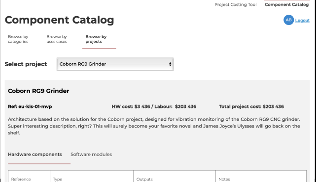 Component Catalog — browse by project, with hardware and software modules.
