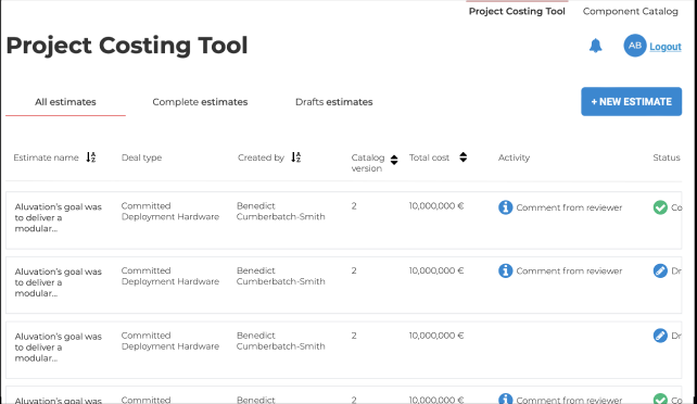 Estimates list with deal type, catalog version, total cost and review activity.