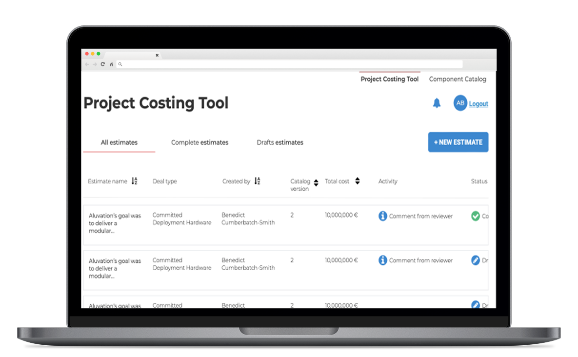 Project Costing Tool shown in context — the sales rep's daily workspace.