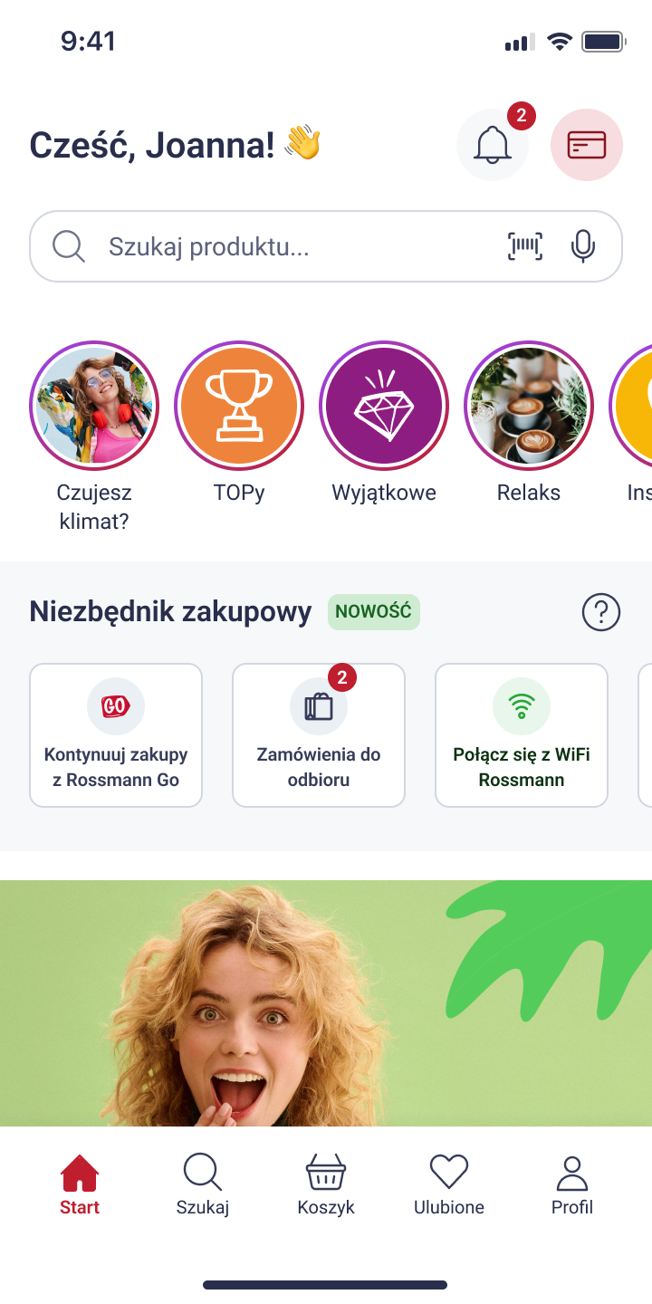 Home — personalised greeting, shortcuts and shopping essentials.