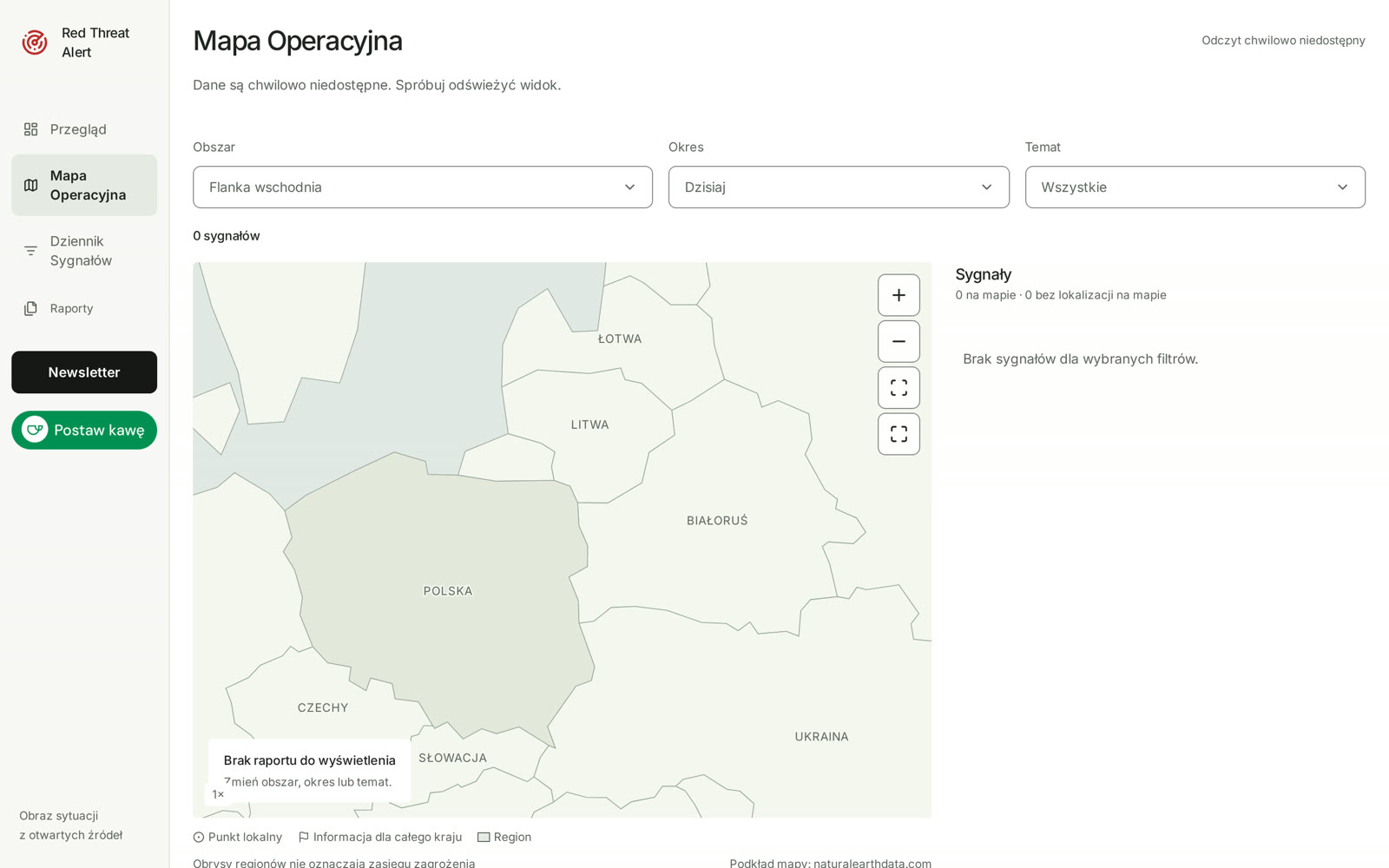 Operational map — signals filtered by area, period and topic across the eastern flank.