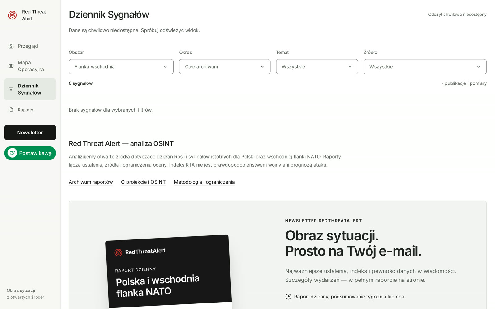 Signal log, project explanation and the daily newsletter sign-up.