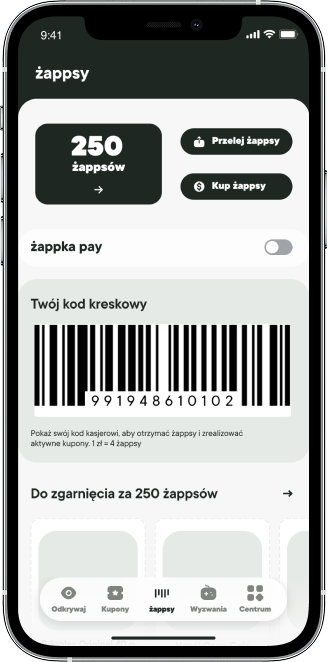 Loyalty hub: points balance, barcode and żappy economy.